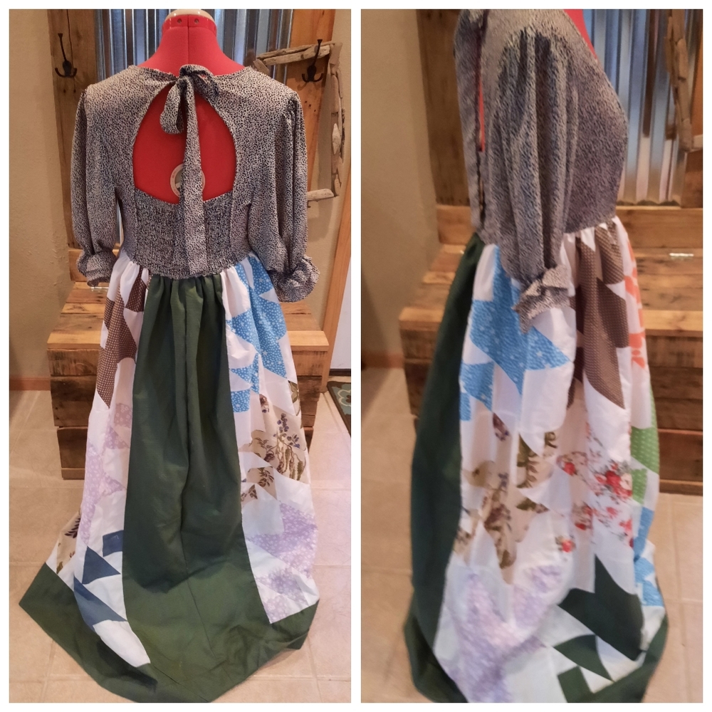 Vtg quilt top Maxi Dress S-M upcycled handmade Old Maids Puzzle - Picture 3 of 4